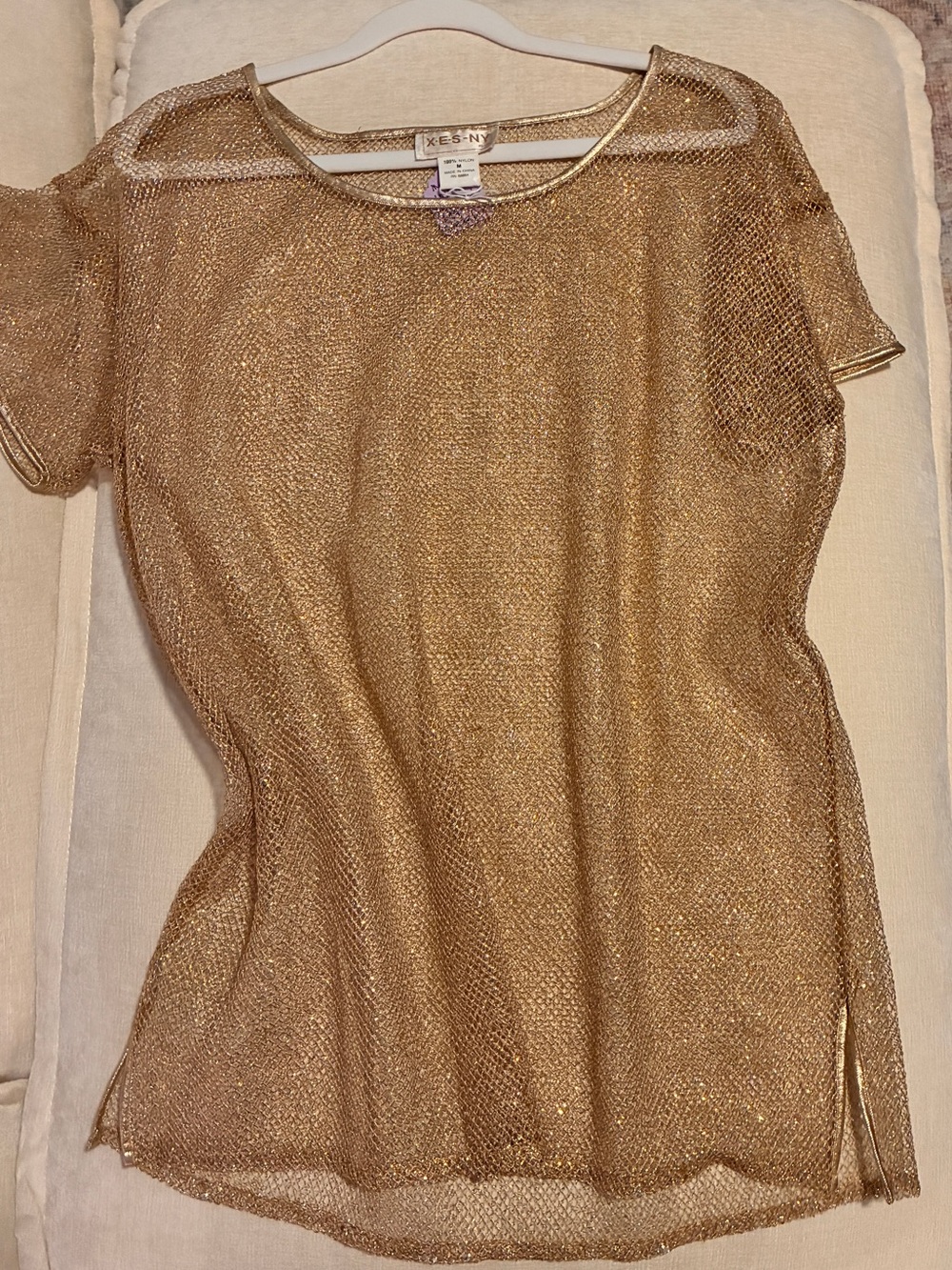 X-ES-NY Gold Metallic Mesh Fishnet Tunic Cover-Up Top Size M Y2K - Picture 3 of 12